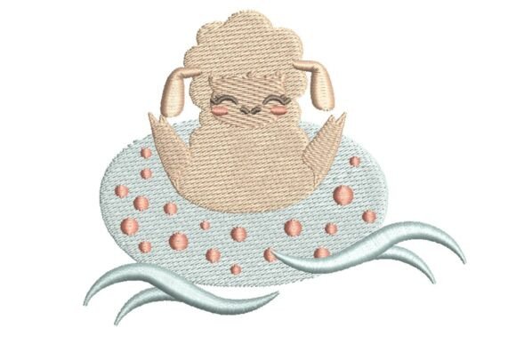 Cute Sheep in Life Buoy with Waves Embroidery Design
