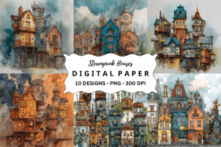 Watercolor Steampunk Houses Background Graphic by pcudesigns · Creative ...