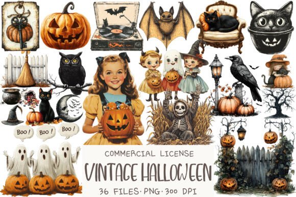 Watercolor Vintage Halloween Clipart