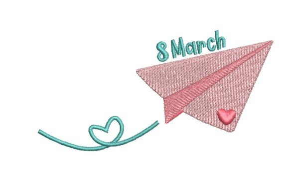 "8 March" Paper Airplane with Heart Trail Embroidery Design