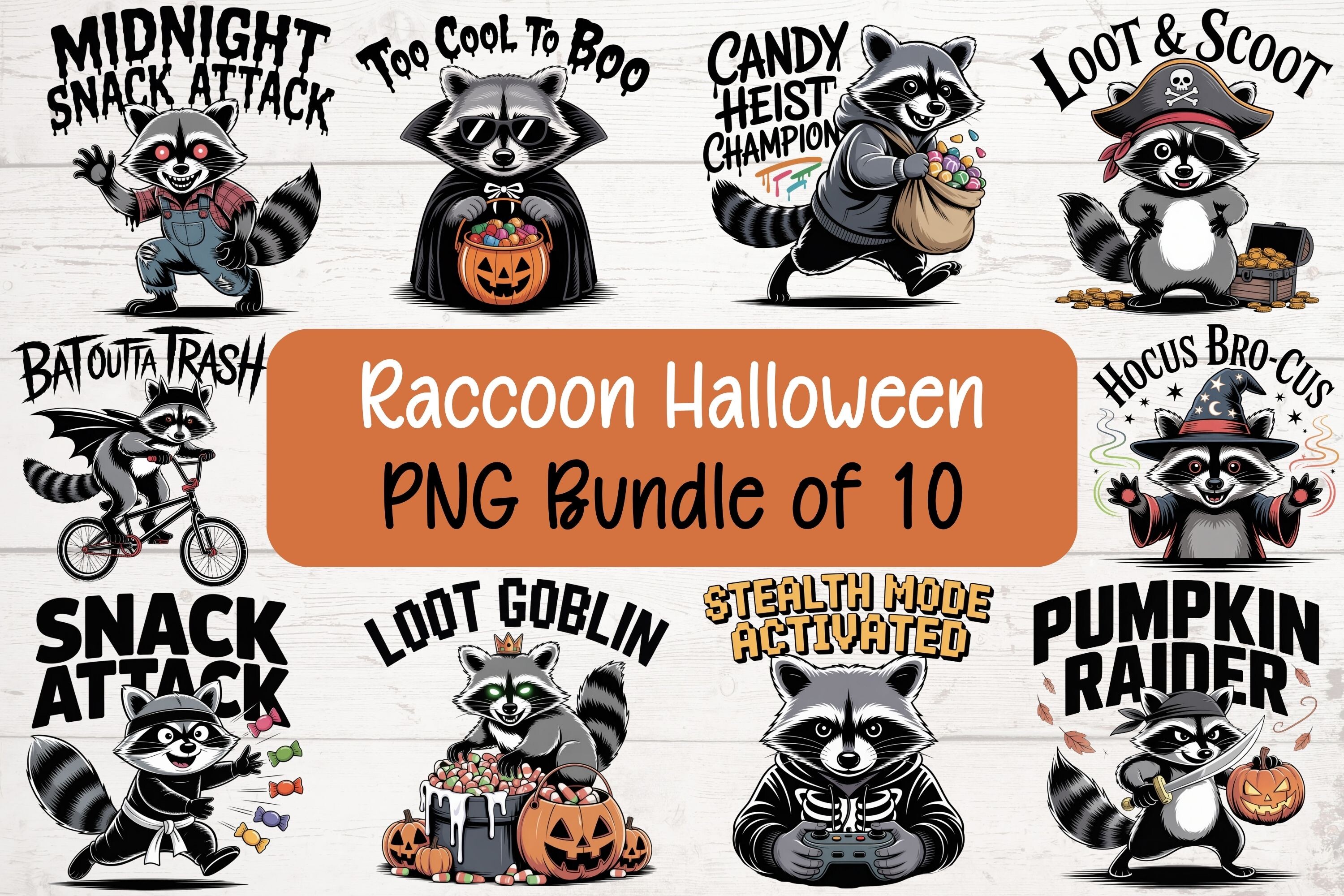 Raccoon Halloween PNG Bundle of 10 Graphic by KayBeeSVGs · Creative Fabrica