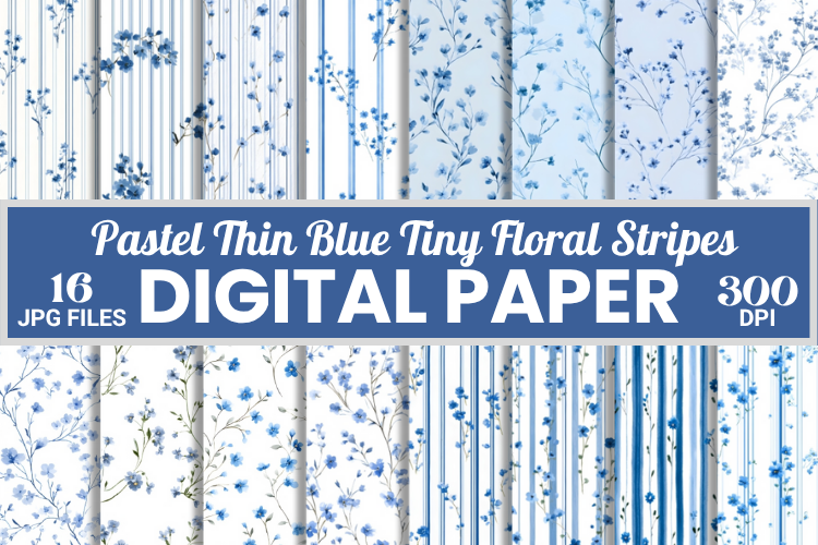 Pastel Thin Blue Tiny Floral Stripes Pattern