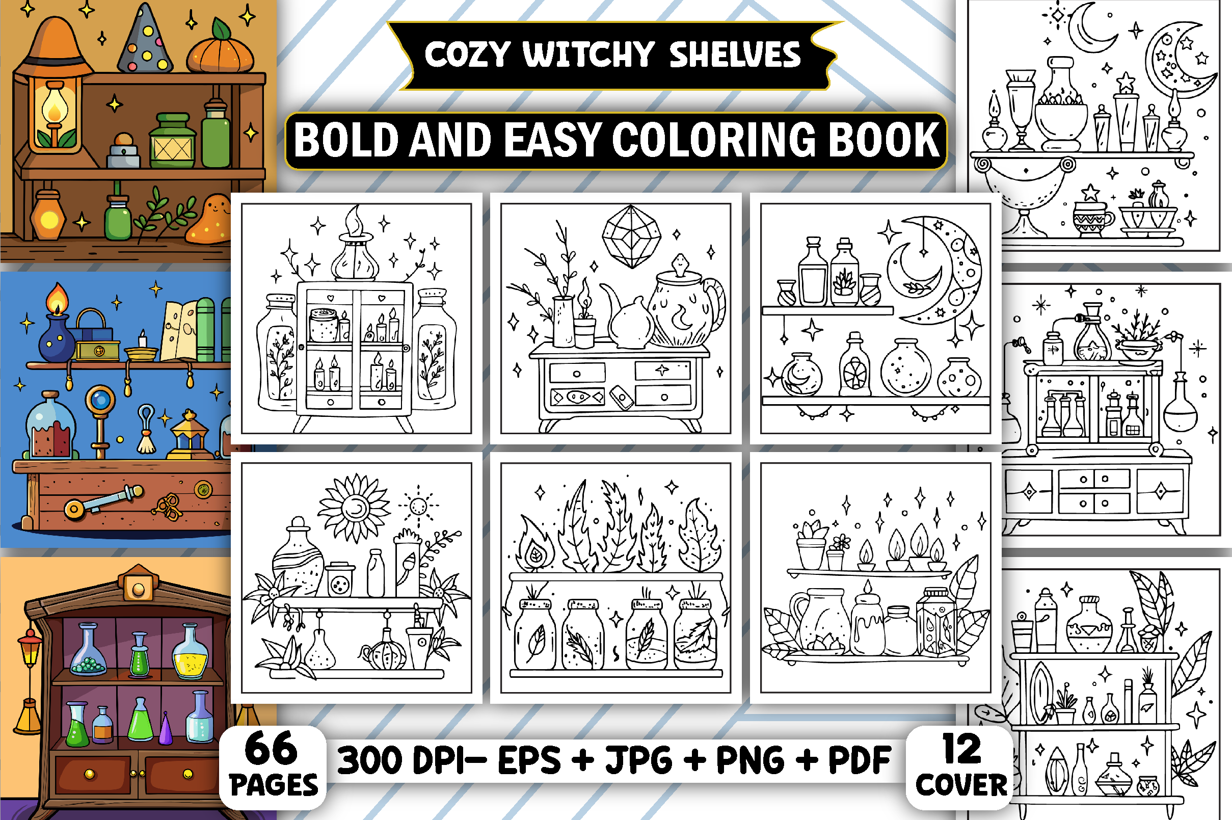 Easy - Cozy Witchy Shelves Coloring Book