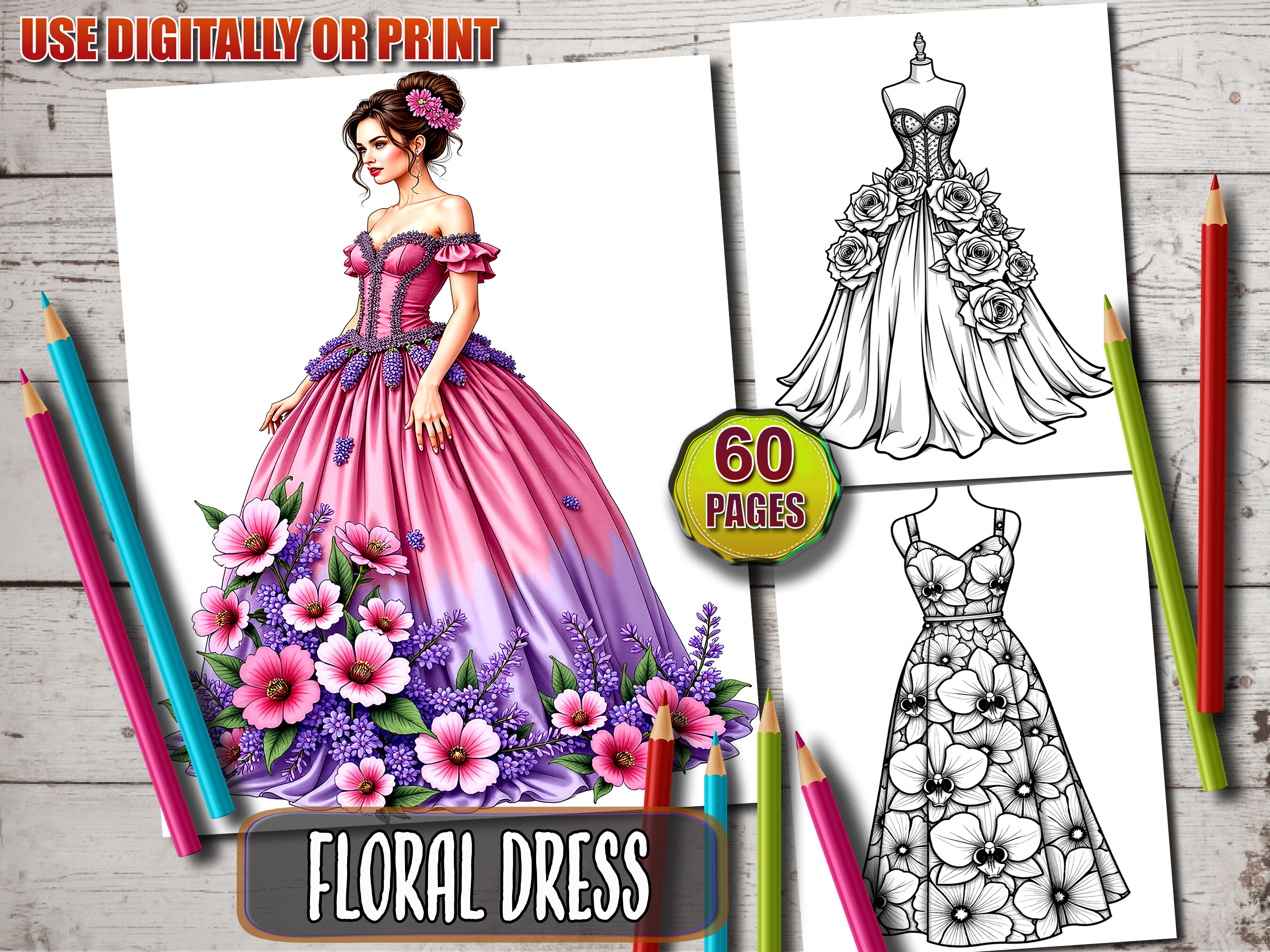 60 Floral Dress Coloring Book