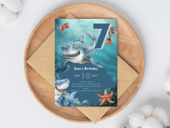 Editable Shark Birthday Invitation Canva