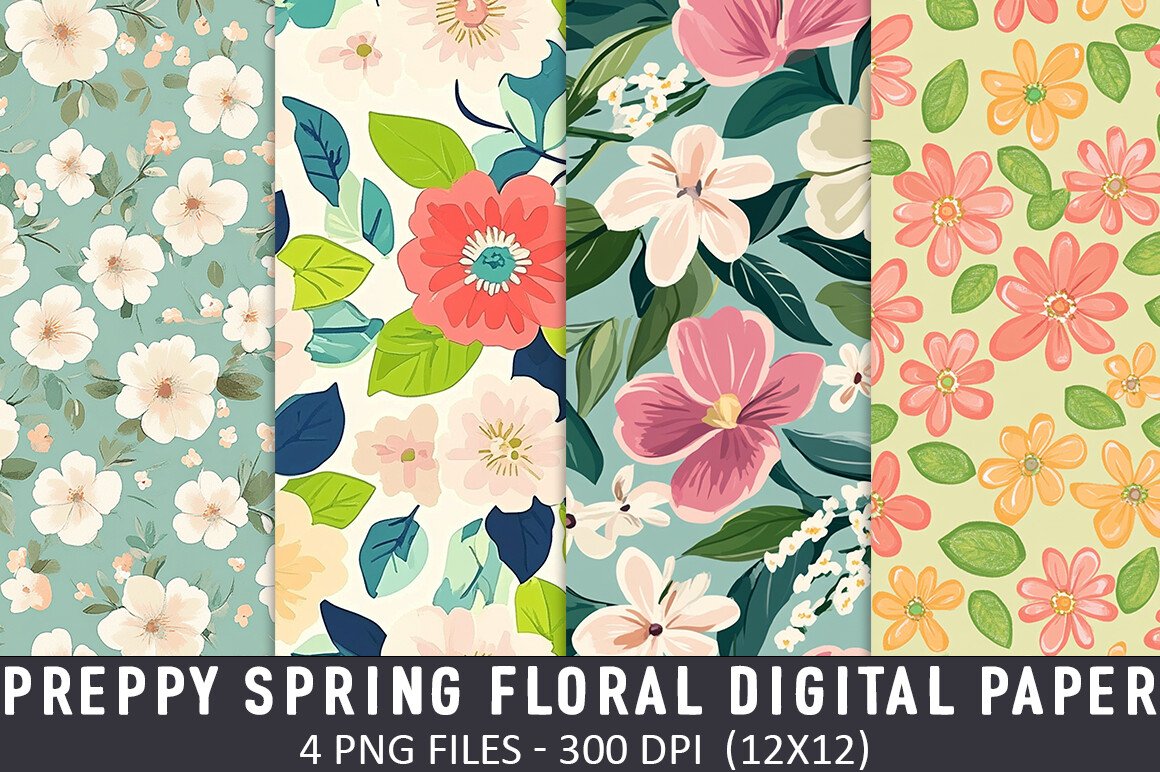 Retro Preppy Spring Floral Digital Paper Graphic by Creative Art ...