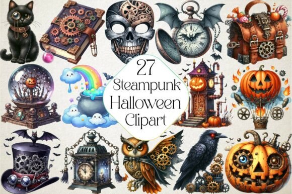 Steampunk Halloween Clipart Bundle Grafica Illustrazioni Stampabili Di Dream Print