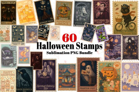 Halloween Postal Mail Stamp PNG Bundle Graphic Illustrations By Summer Digital Design