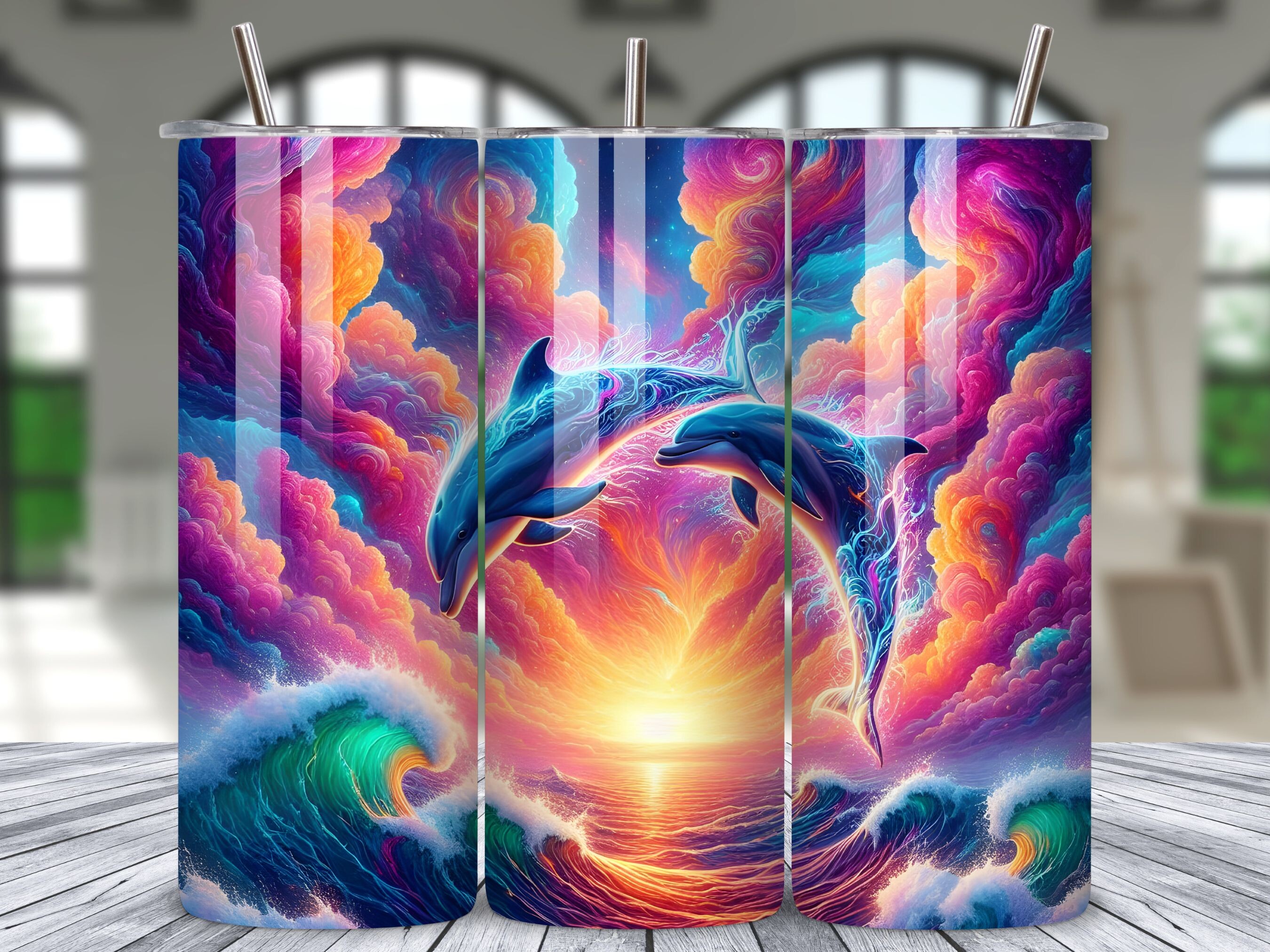 Ocean Dolphins Sunset Tumbler Wrap PNG Graphic by LAZY ANT · Creative ...