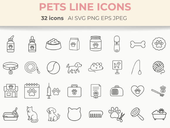 Pet Care Line Icons | Minimal Animal SVG Graphic Icons By CozyNest Studio