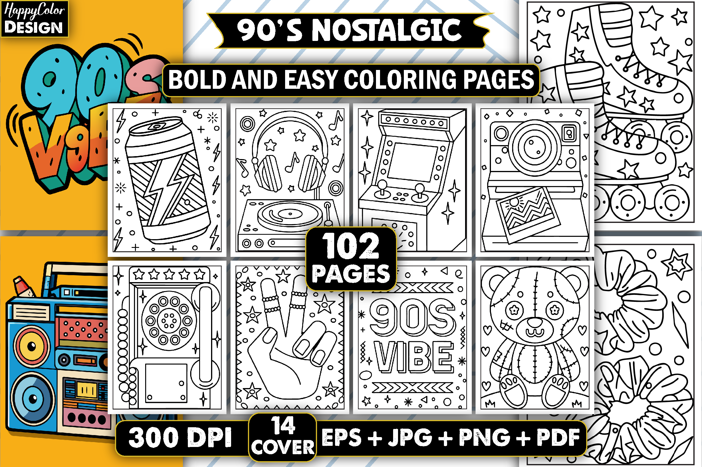 90s Nostalgic Bold Easy Coloring Book