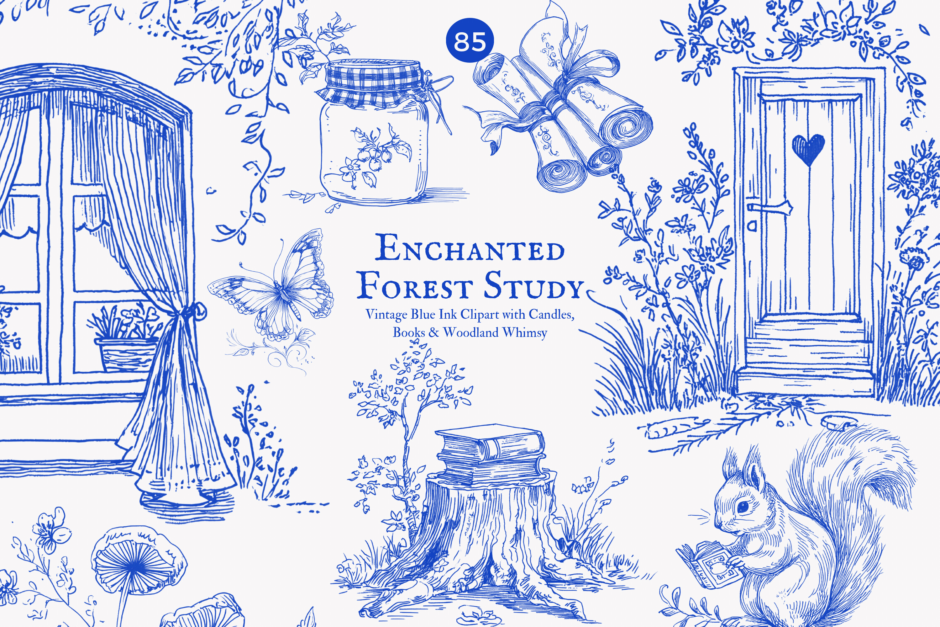 Forest Study Blue Ink Illustration Png - photo 2