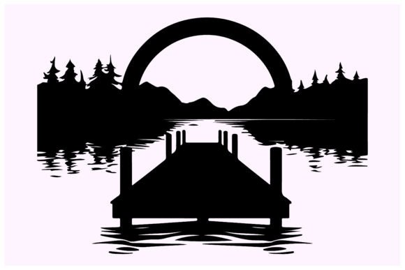 Silhouette of Black Lake Wooden Dock Gráfico Ilustraciones Imprimibles Por N-paTTerN