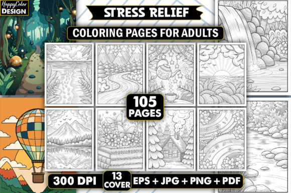 Stress Relief Adult Coloring Pages Graphic by HappyColor Design ...