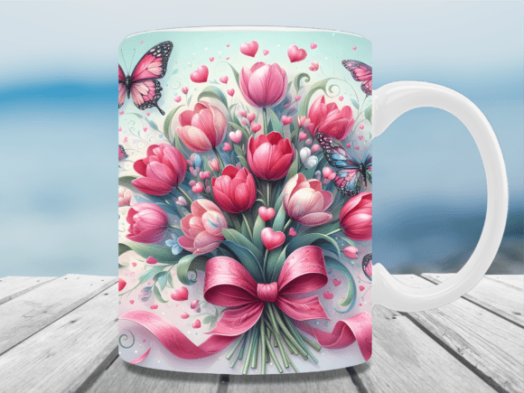 Lovely Pink Tulip Butterfly Mug Wrap Graphics