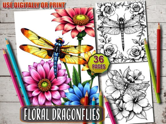 Preview of 36 Floral Dragonflies Coloring Book coloring pages for adults
