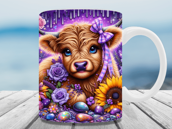 Cute Highland Cow Purple Mug Wrap Graphics