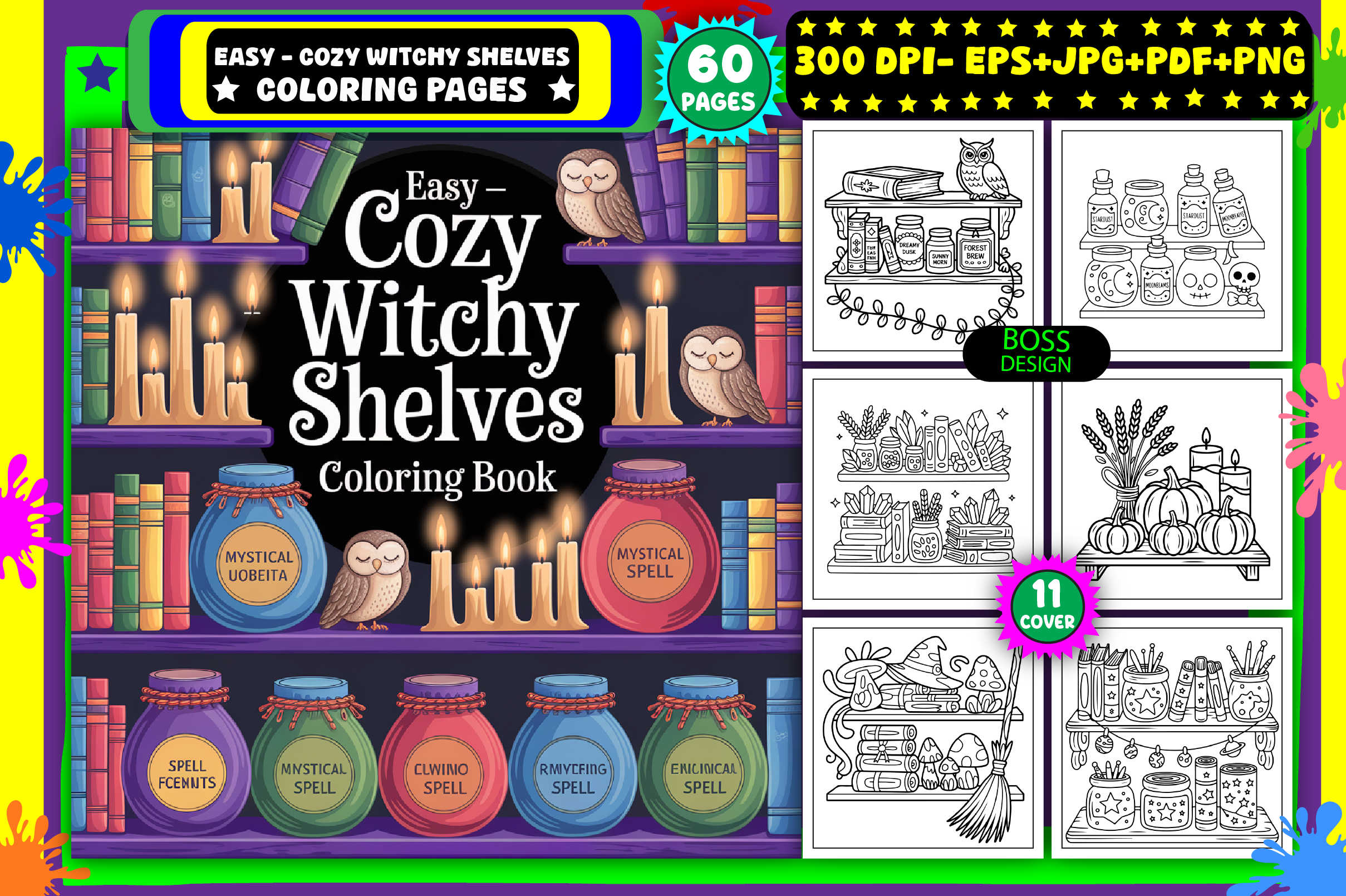 Easy Cozy Witchy Shelves Coloring Pages