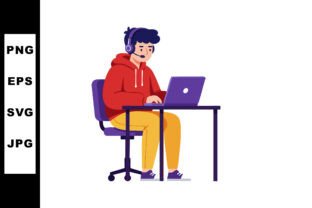 Young man with headset working on laptop