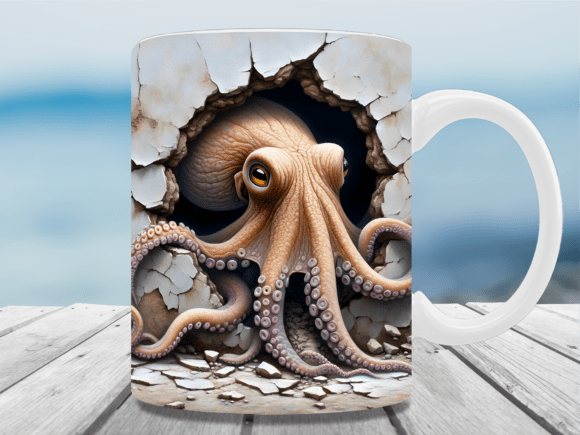 3d Octopus Breaking Wall Mug Wrap Design Graphics