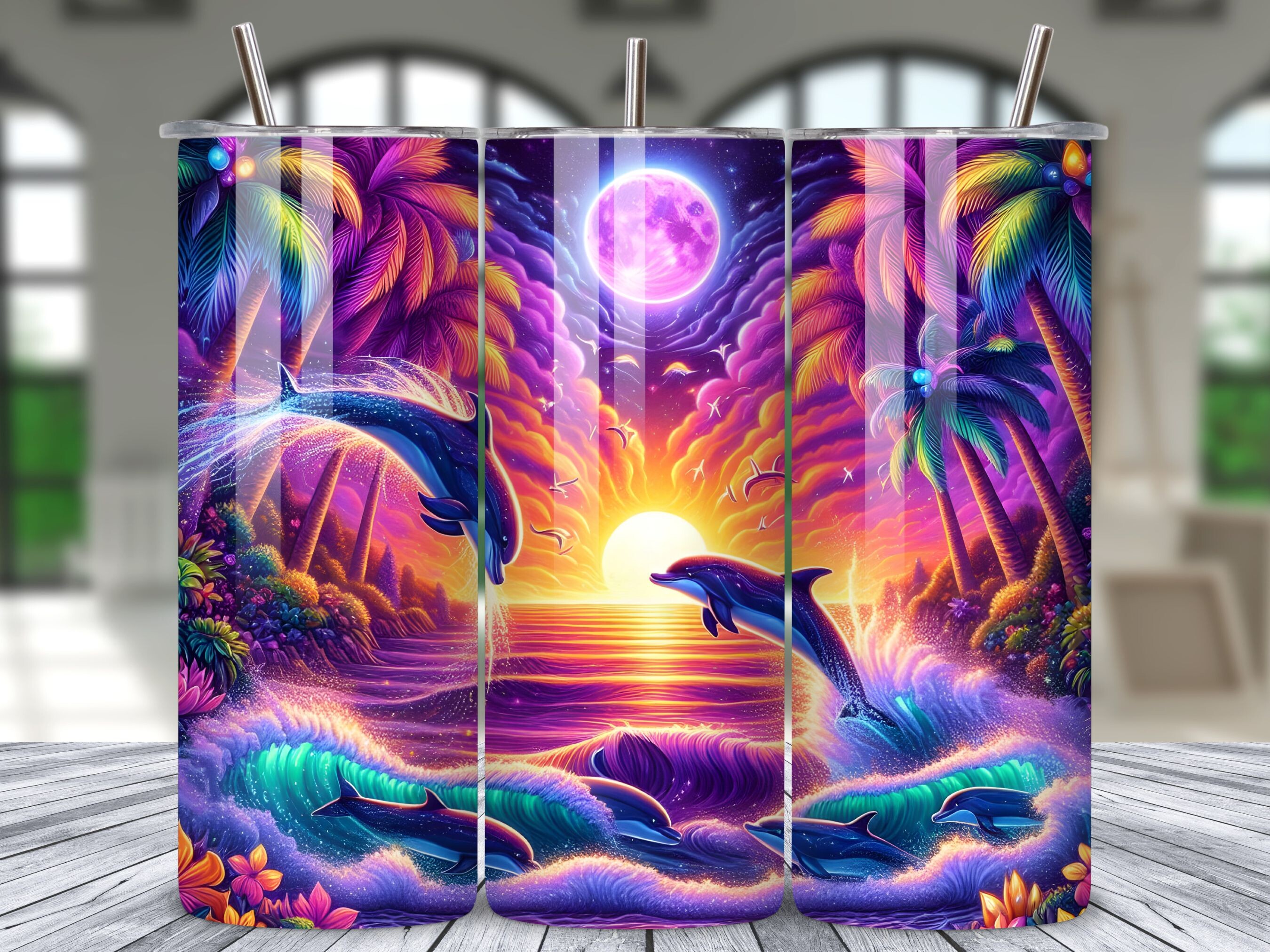 Dolphin Sunset Moonlight Tumbler Wrap Graphic by LAZY ANT · Creative ...