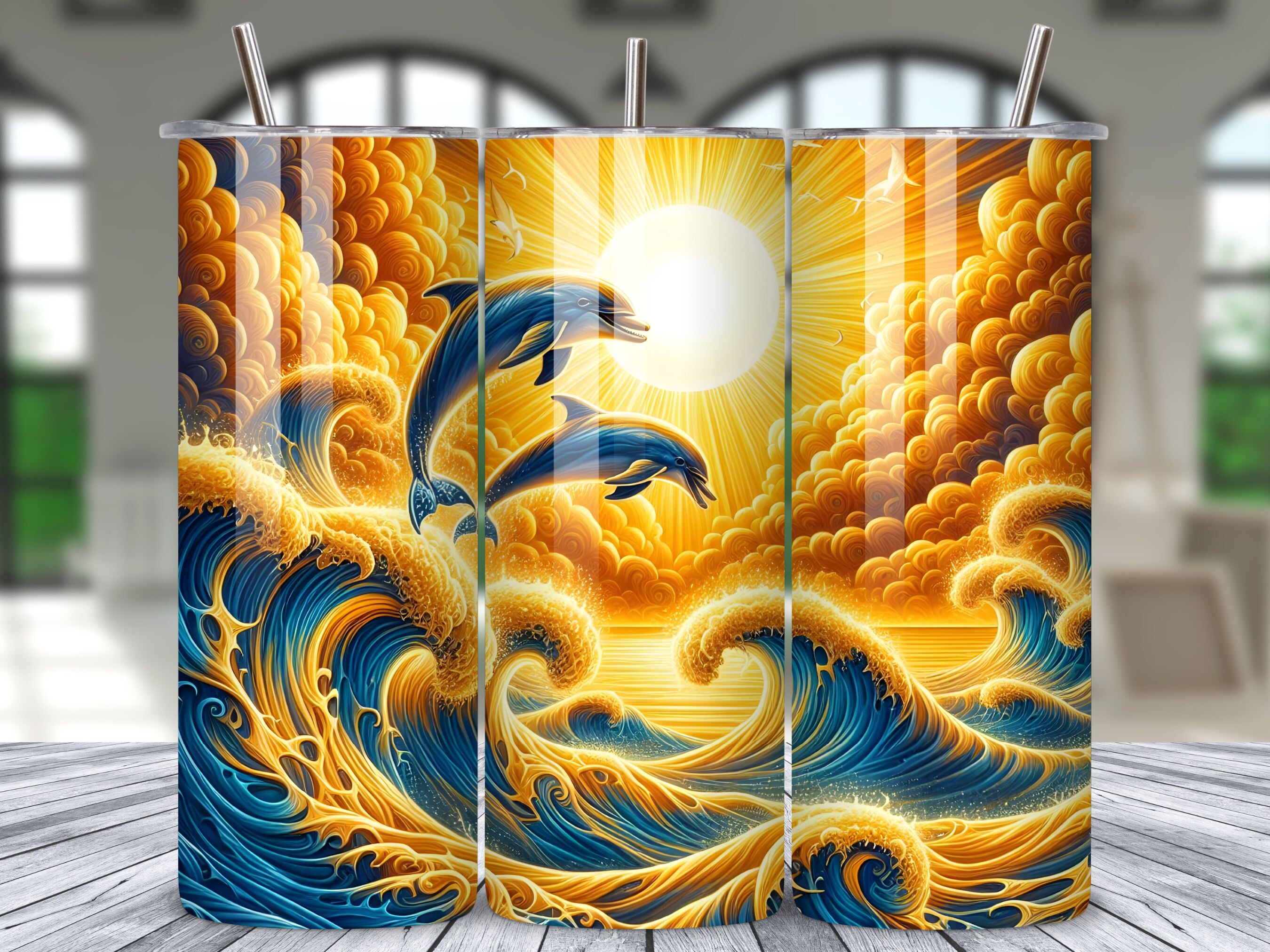 Ocean Wave Sunset Dolphin Tumbler Wrap Graphic by LAZY ANT · Creative ...