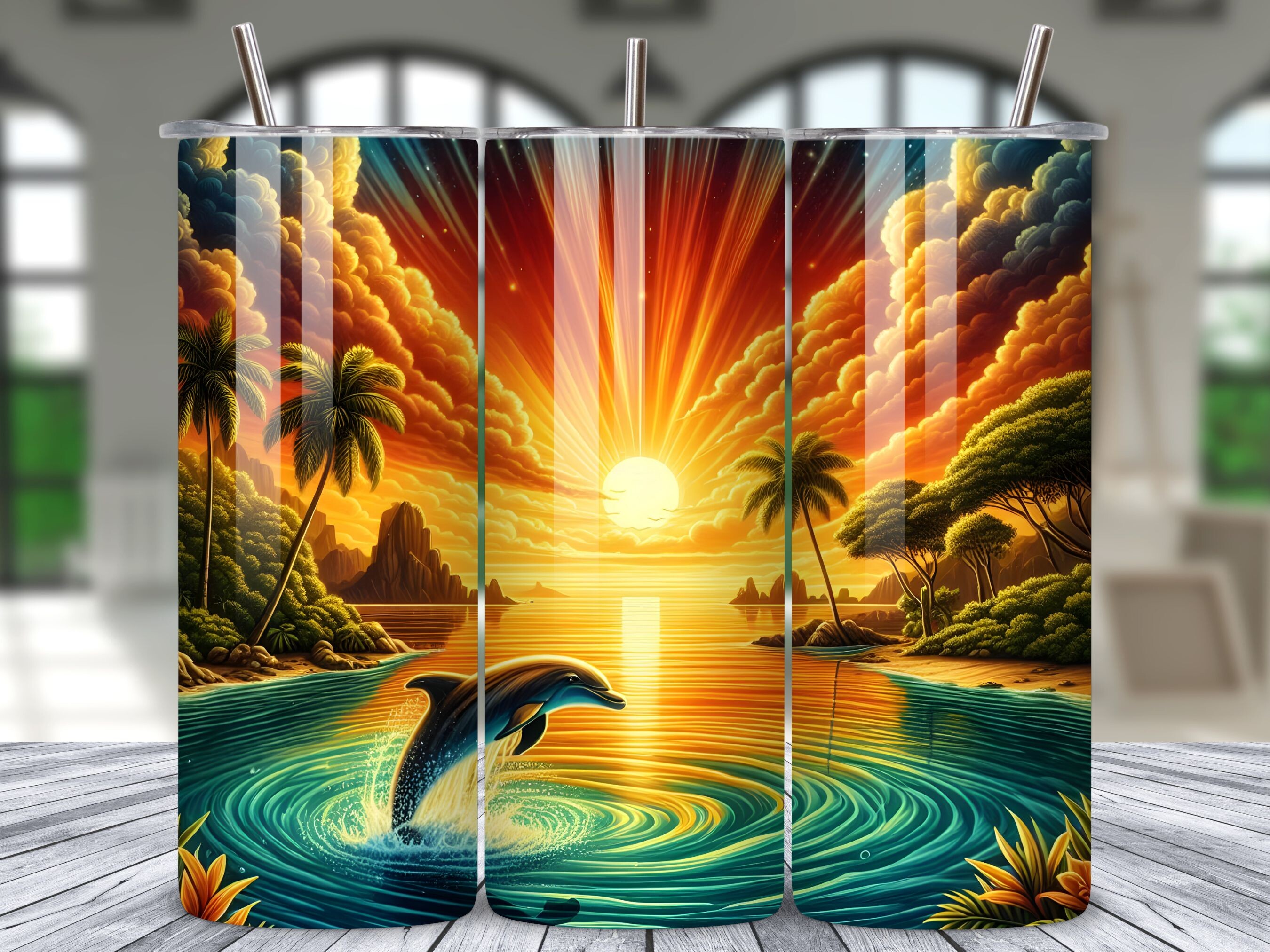 Tropical Dolphin Sunset Tumbler Wrap PNG Graphic by LAZY ANT · Creative ...