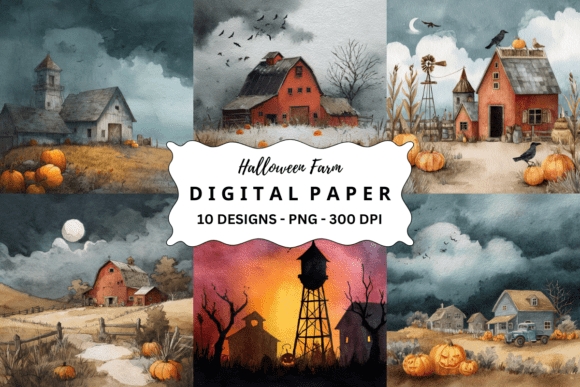 Watercolor Halloween Farm Background