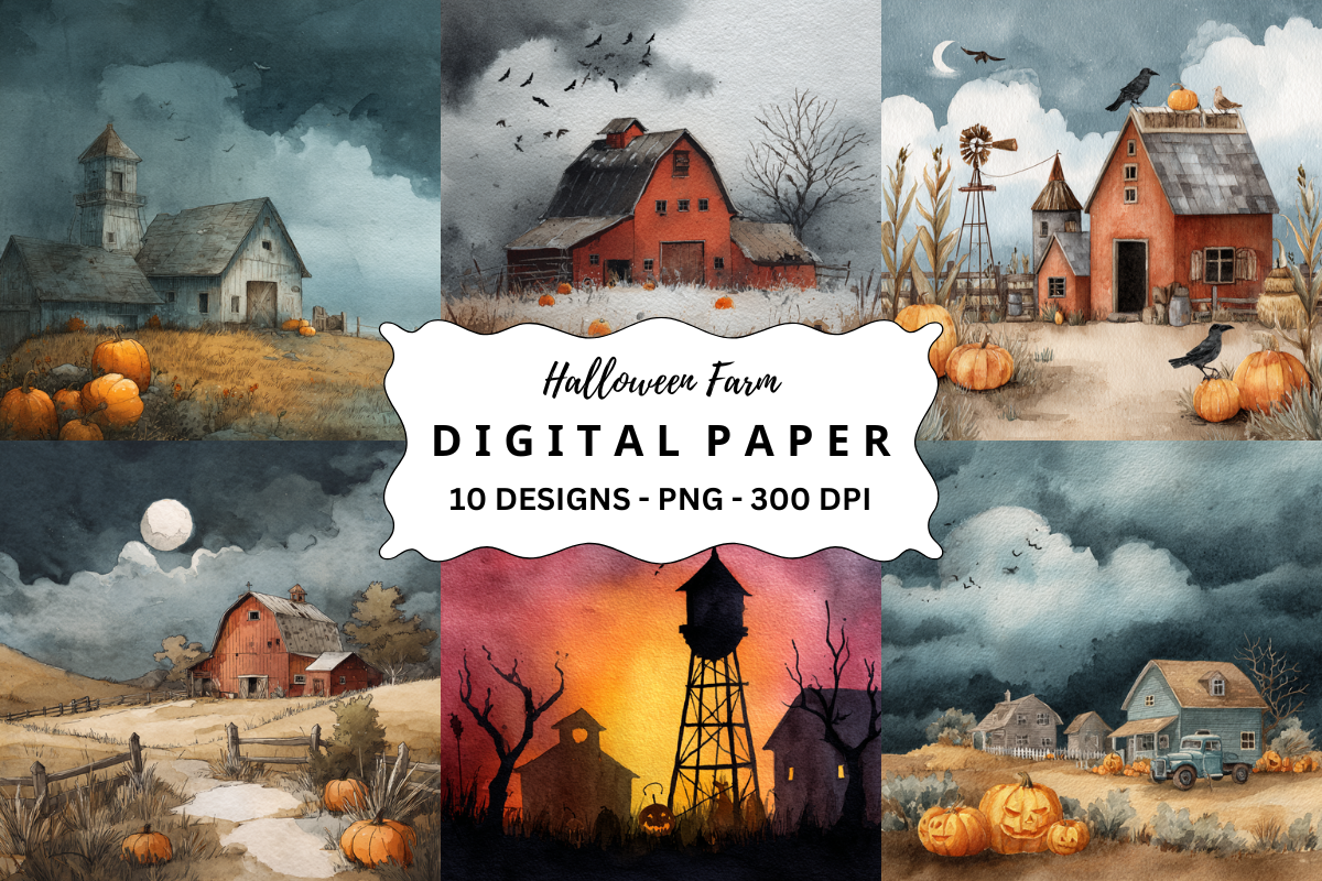 Watercolor Halloween Farm Background