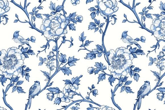 Floral Blue Chinoiserie Toile De Jouy 10