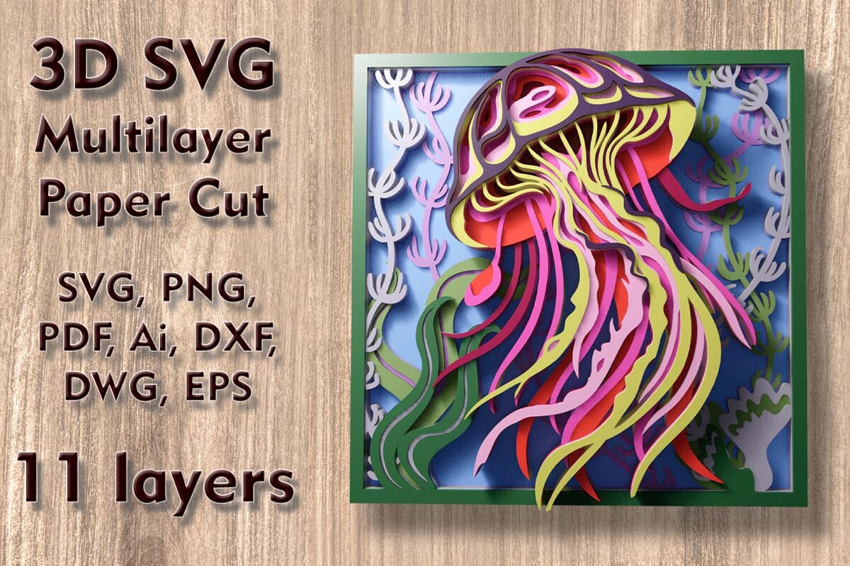 Jellyfish 3D SVG Multilayer Paper Cut 11 layers wall art shadow box Cricut laser