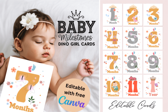 Editable Baby Milestone Dino Girl Cards