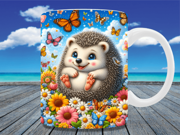 Cute Hedgehog Butterfly Garden Mug Wrap Graphics