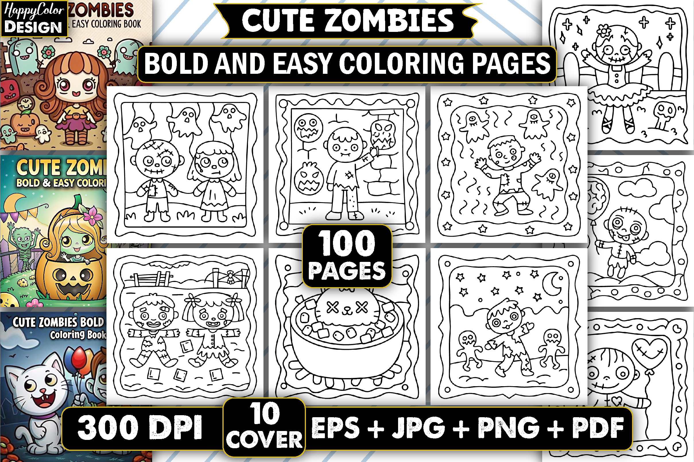 Cute Zombies: Bold & Easy Coloring Pages