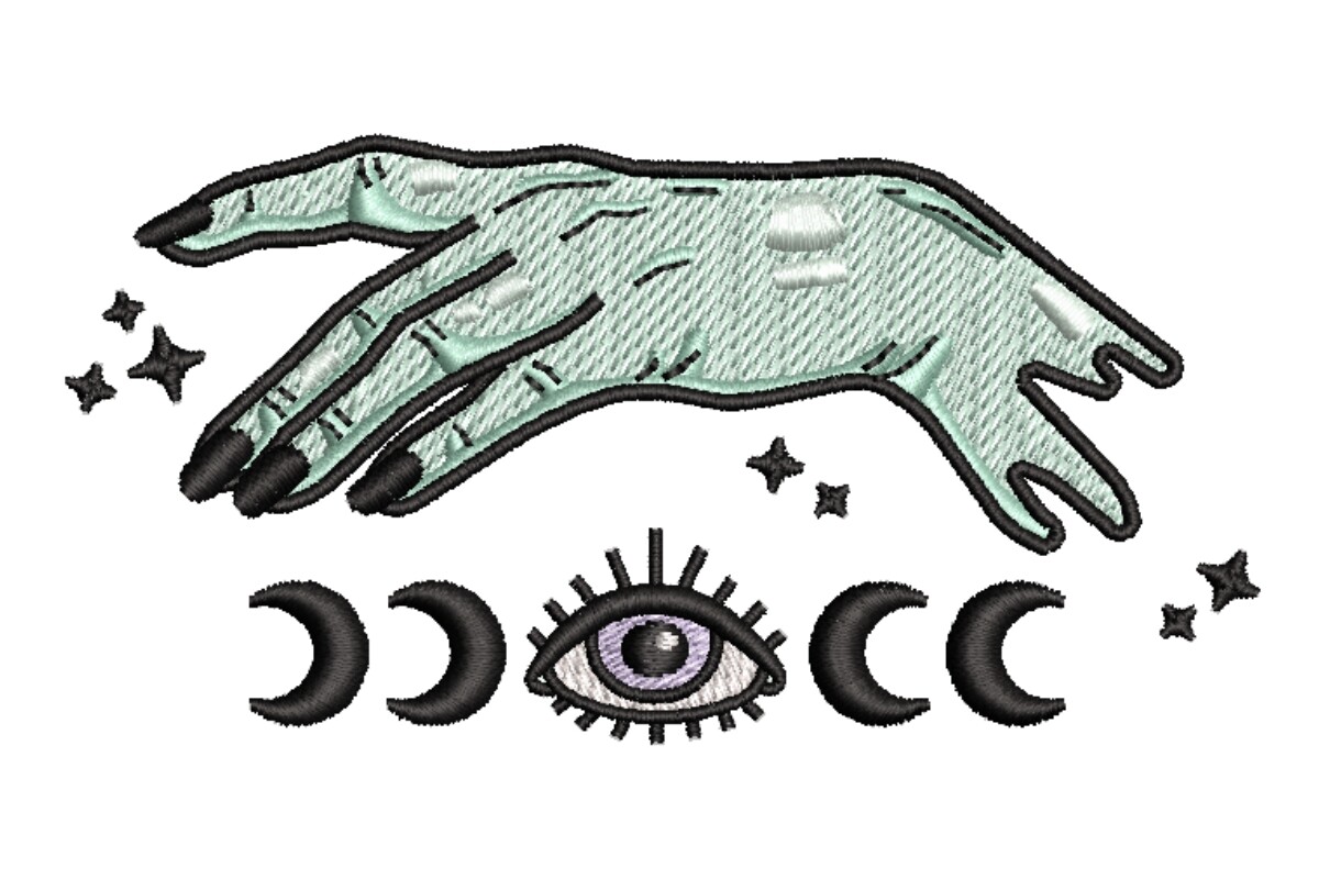 Mystical Hand with All-Seeing Eye and Moon Phases Embroidery Design
