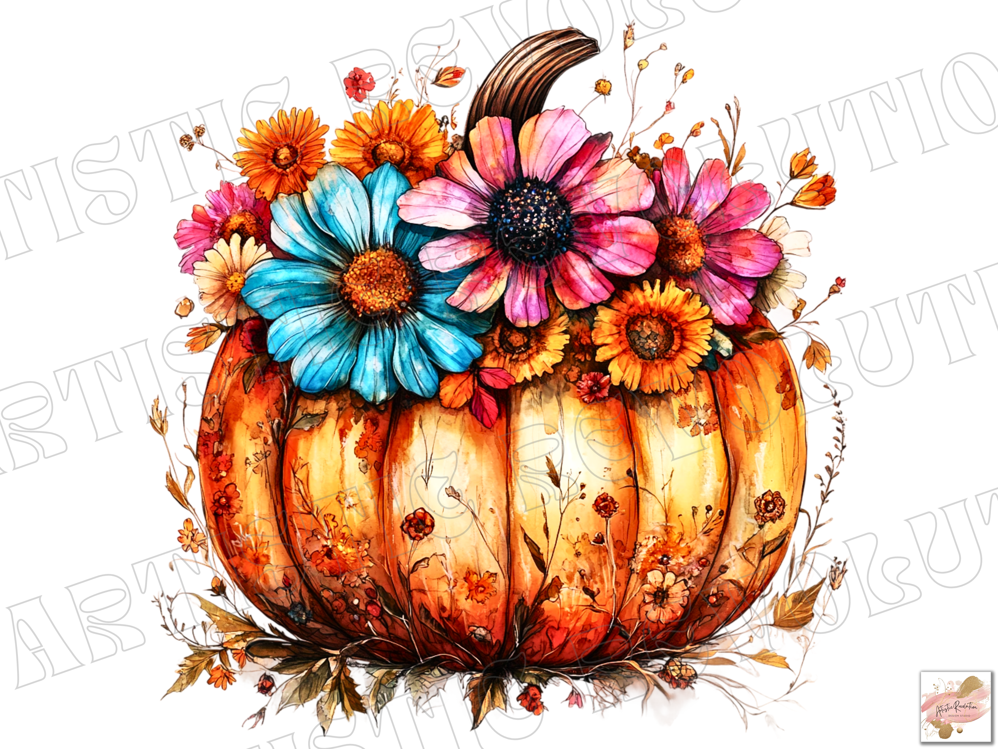 Watercolor Floral Pumpkin Png Fall Png Graphic by Artistic Revolution ...