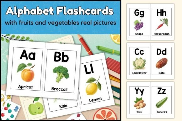 Alphabet, Fruit & Vegetable Flashcards for Early Learning