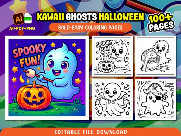 Kawaii Ghosts Halloween Coloring Pages