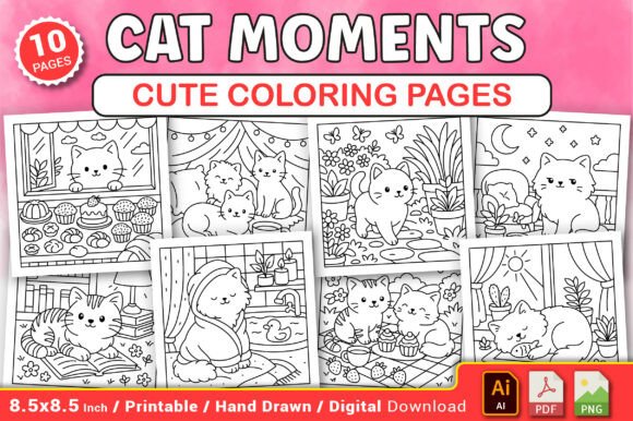 Cat Moments Cute Coloring Pages