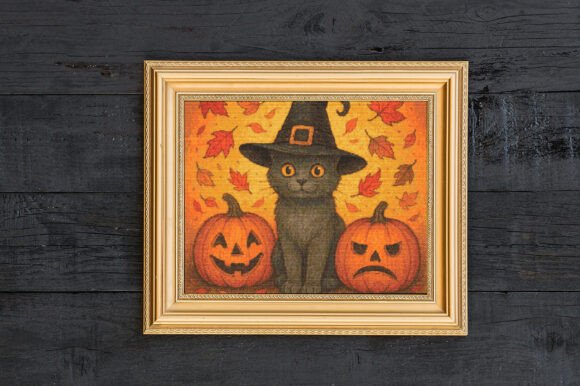 Halloween Witch Cat & Pumpkins