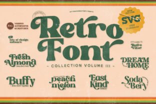 Retro Groovy Font Bundle preview showing multiple 1970s-style display font names stacked on a plain background as the main image.