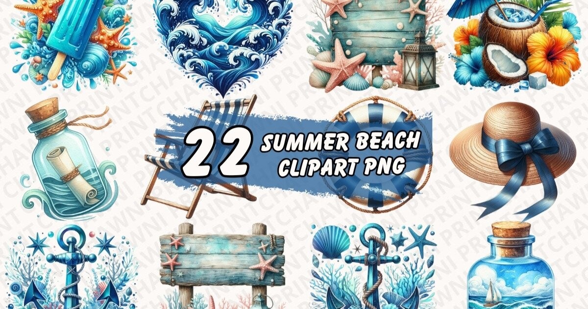 Summer Beach Clipart PNG Bundle Bundle · Creative Fabrica