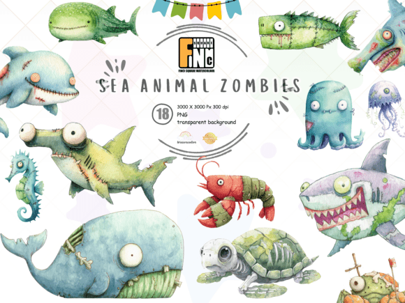 Zombie Sea Creatures PNG Clipart Set
