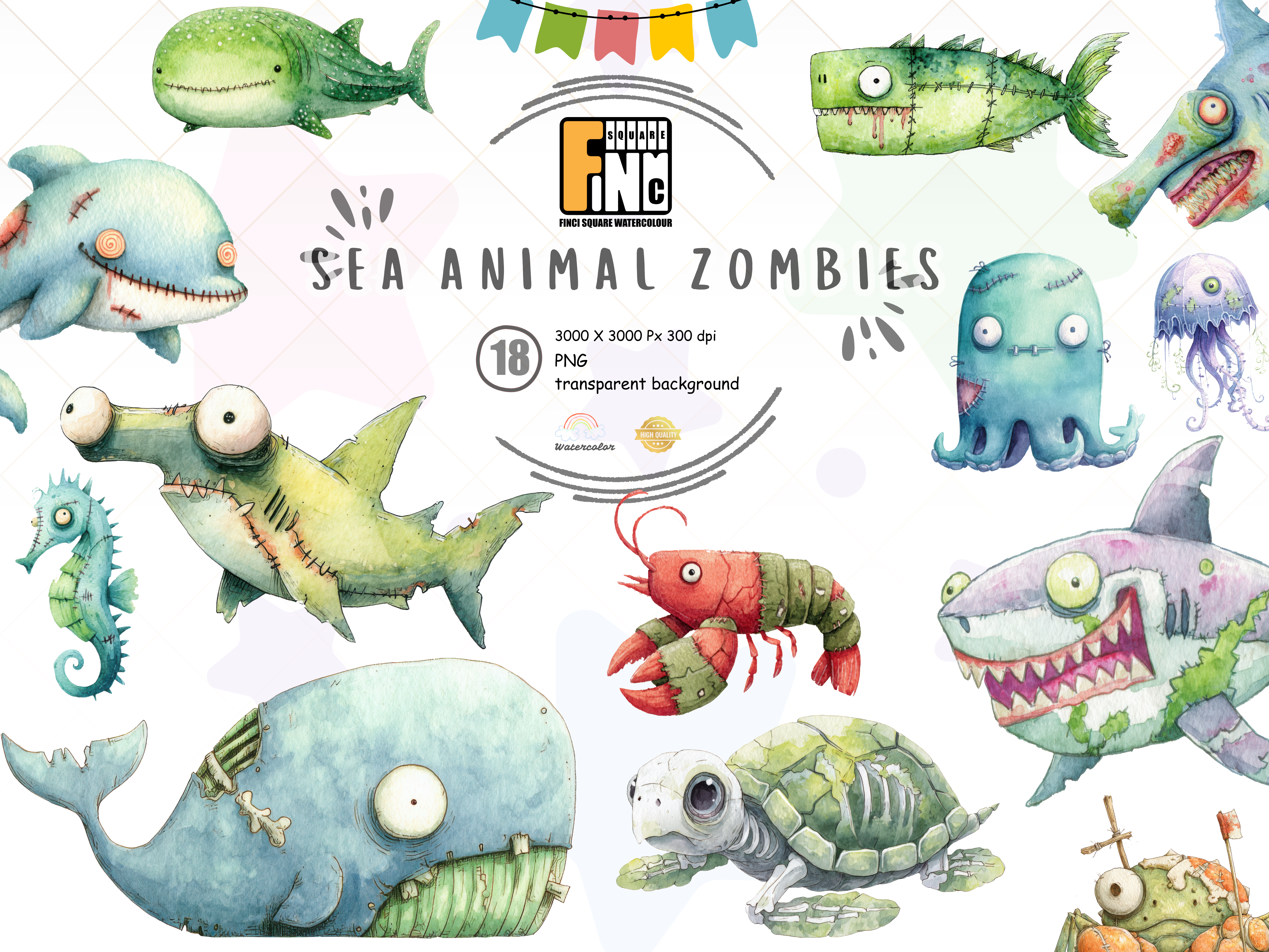 Zombie Sea Creatures PNG Clipart Set