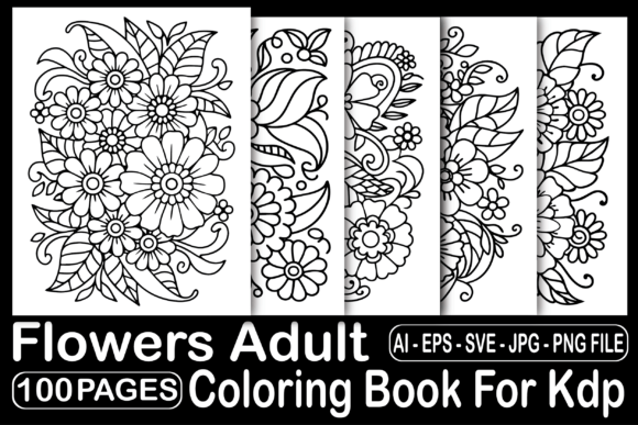 Preview of 100 Flowers Adult Coloring Book For Kdp coloring pages for adults