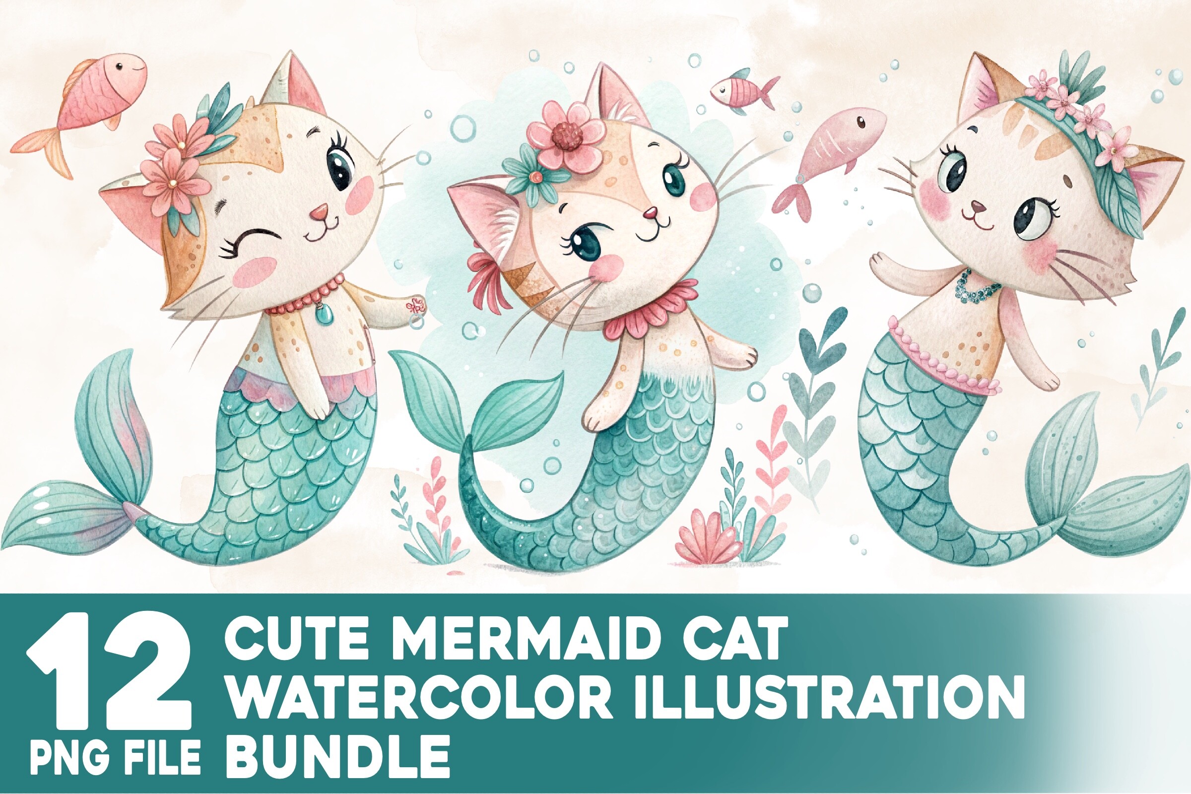 Cute Mermaid Cat Watercolor Bundle Graphic by Hega Prakosa · Creative ...