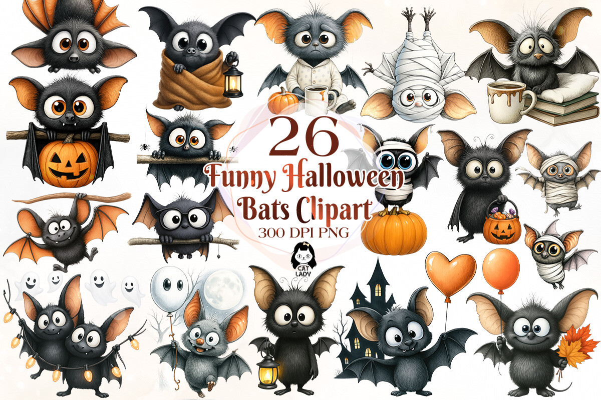 Funny Halloween Bats Clipart Bundle Graphic by Cat Lady · Creative Fabrica