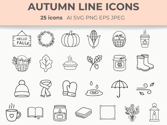 Autumn Line Icons Set Fall Cozy Clipart