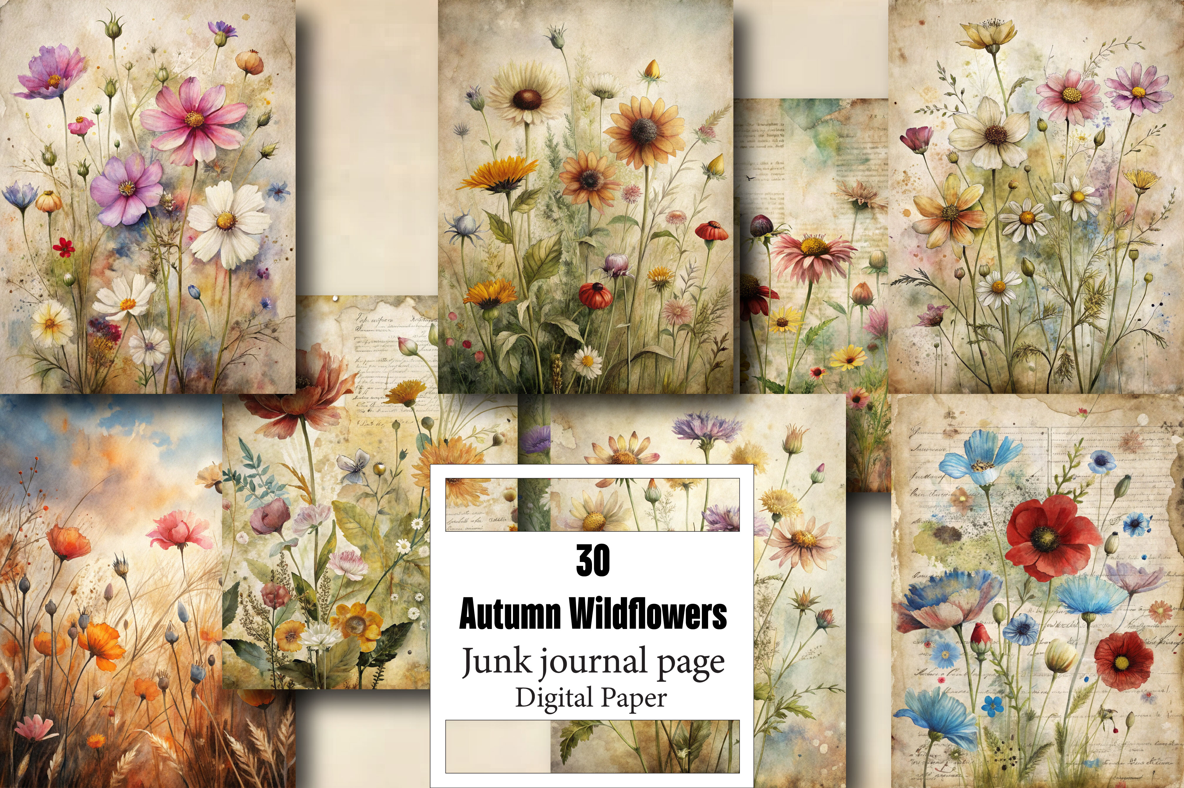 Autumn Wildflowers Junk Journal Pages Graphic by Vintage · Creative Fabrica