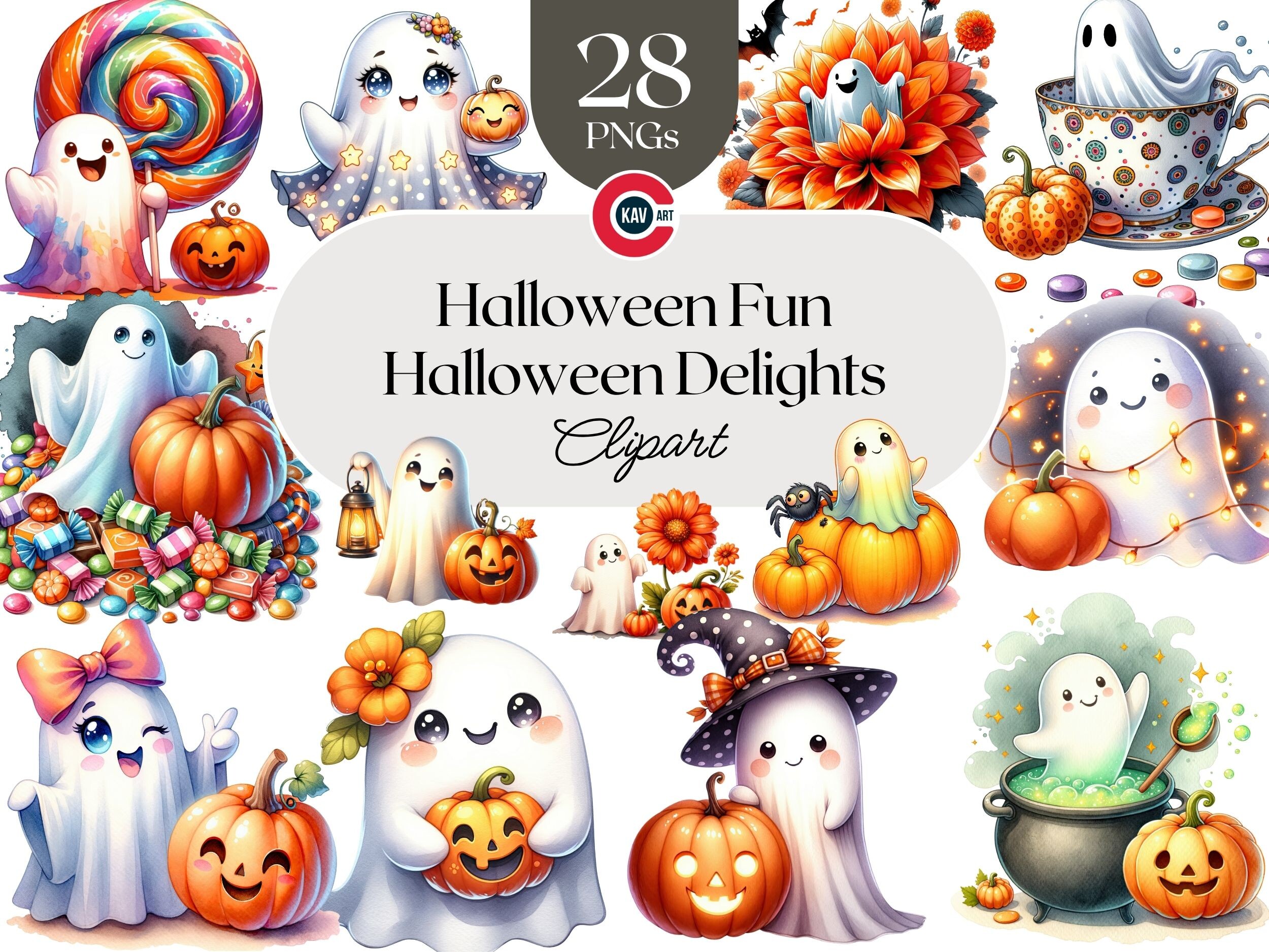 Cute Halloween Ghost Clipart PNG Bundle Graphic by c.kav.art · Creative ...